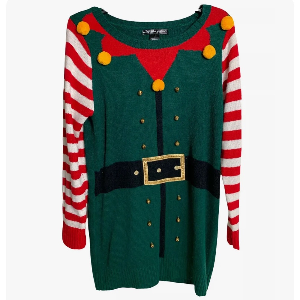 Ugly Christmas Sweater Women’s Medium Elf Bells PomPoms Long Costume Party Green